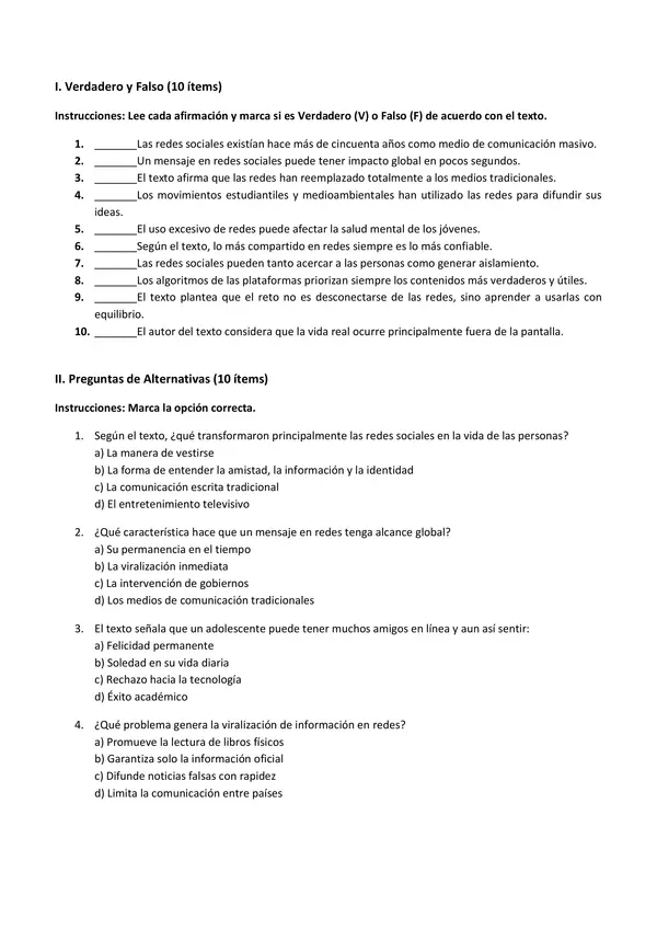 prueba o guia de comprensión lectora 1°medio