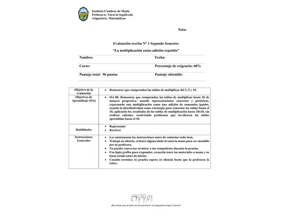 EVALUACIÓN TABLAS DEL 2, 5 Y 10