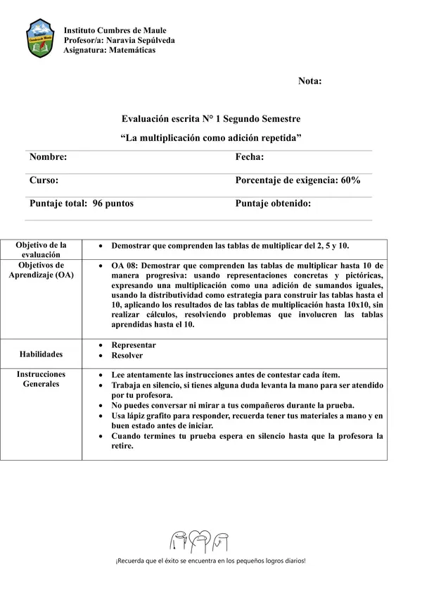 EVALUACIÓN TABLAS DEL 2, 5 Y 10