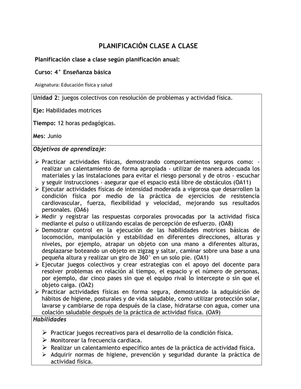Planificación Clase a Clase: Junio | Educación Física y Salud Cuarto Básico