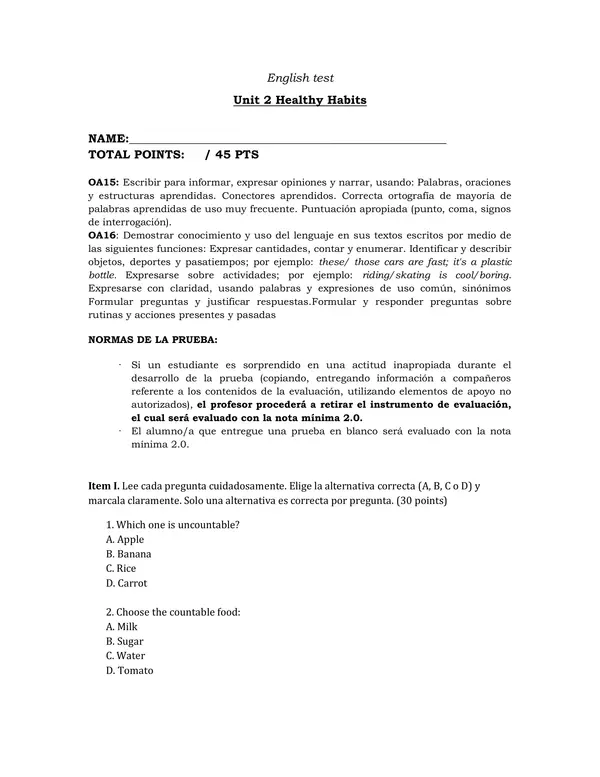 Prueba unidad 2: Healthy habits