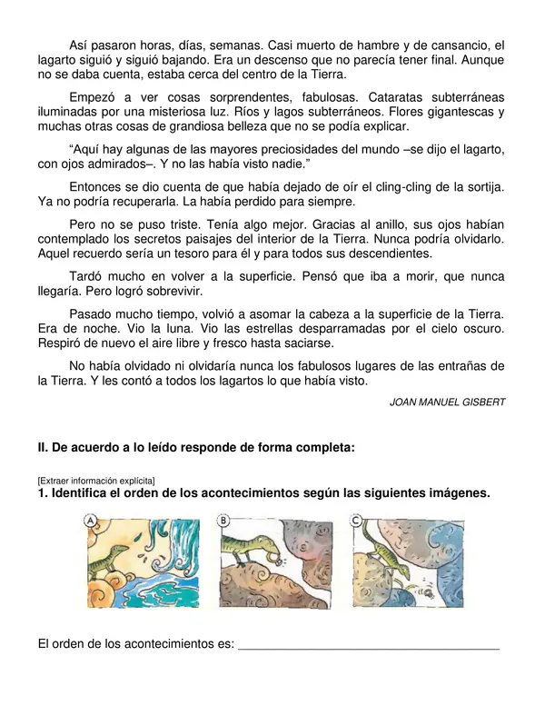 Guía comprensiva cuento "El lagarto que bajo al centro de la Tierra" Tercer-cuarto año.
