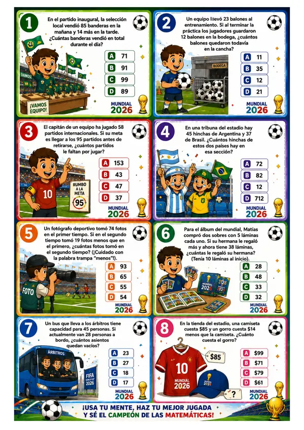 Misión Mundial: Desafío de Goles y Jugadores - Problemas Matemáticos 3° y 4° Básico