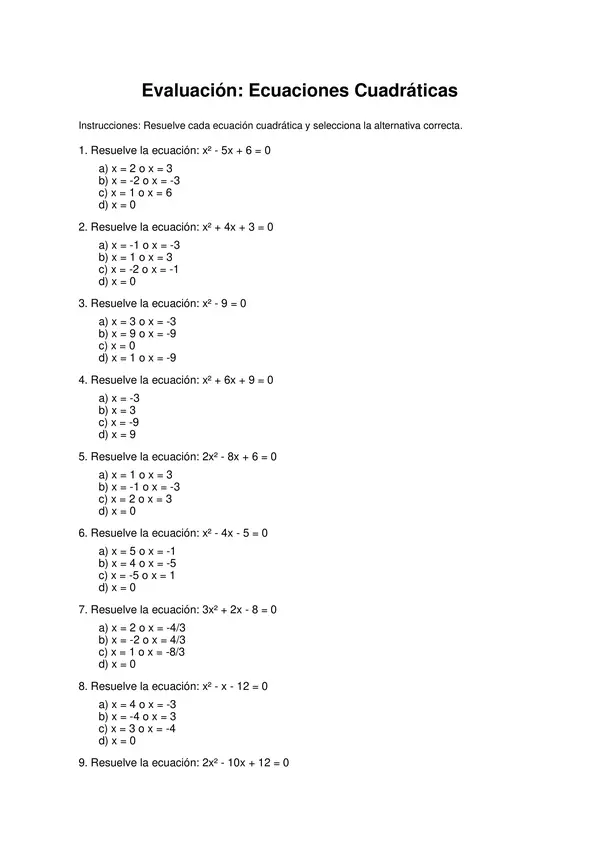 Evaluación ecuaciones cuadráticas