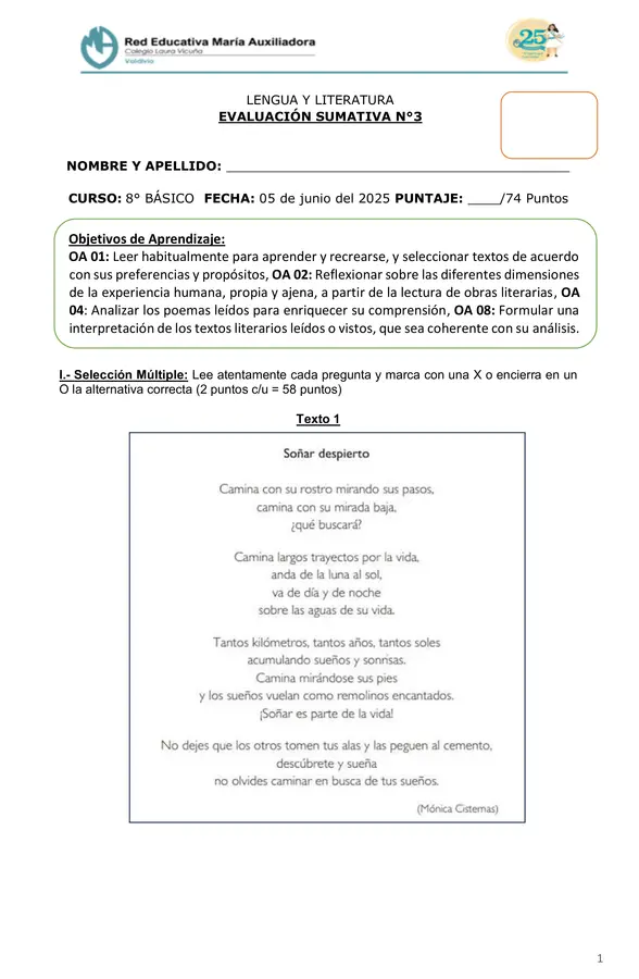Evaluación comprensión lectora de textos poéticos, lenguaje connotativo y denotativo - 8° Básico