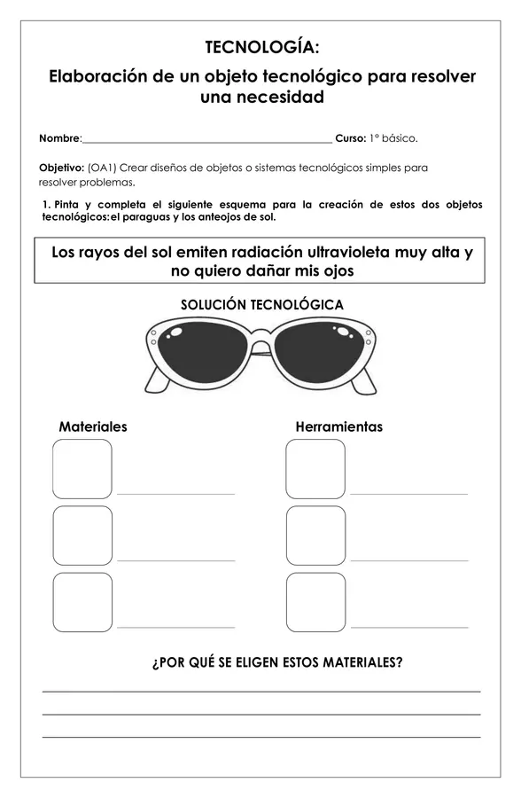 Guía de trabajo - Elaboración objeto tecnológico (lentes de sol) - 1° básico