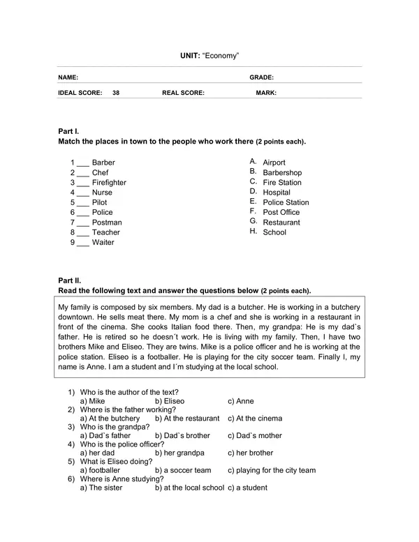 Evaluacion de Ingles 6 Basico: Economy
