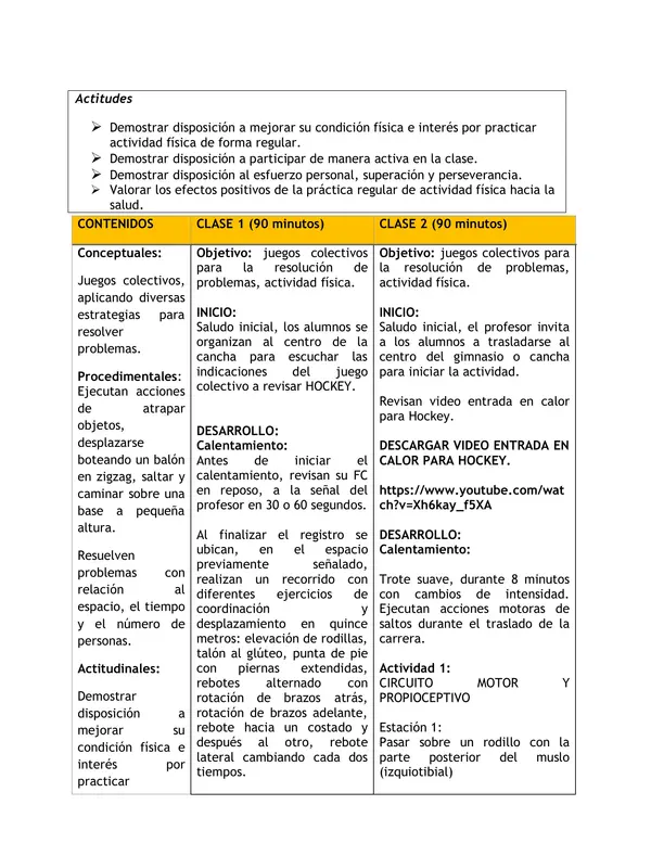 Planificación Clase a Clase: Junio | Educación Física y Salud Cuarto Básico