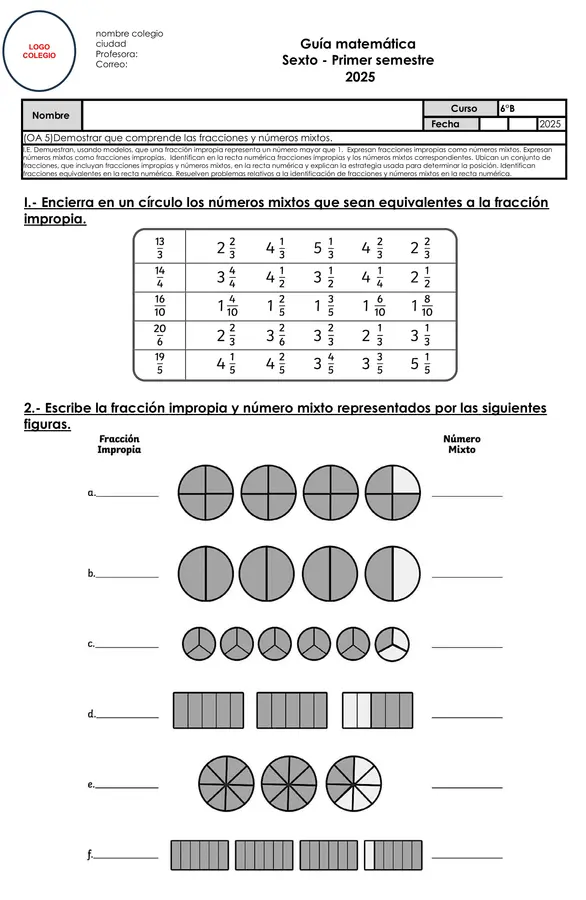 Guía de Matemática 6° Básico: Fracciones Impropias y Números Mixtos + Actividades con Recta Numérica