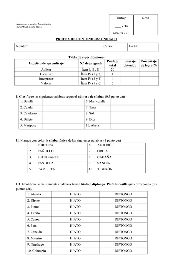 5to - Prueba de Unidad n°1: Sílabas, hiatos y diptongos