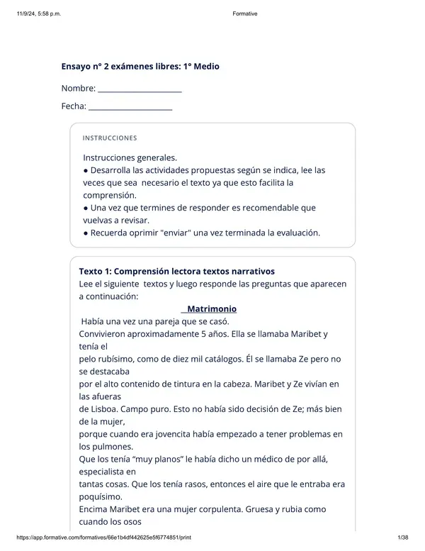 Ensayo exámenes libres  1° medio Lengua y Literatura