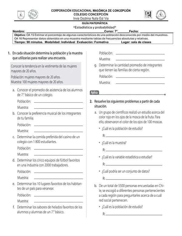 Guía Matemática 7° Básico | Estadística, Población, Muestra, Frecuencias y Gráficos