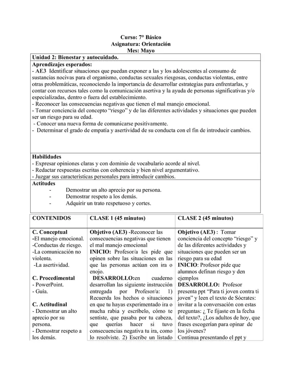 Planificación Clase a Clase: Mayo | Orientación 7° Básico