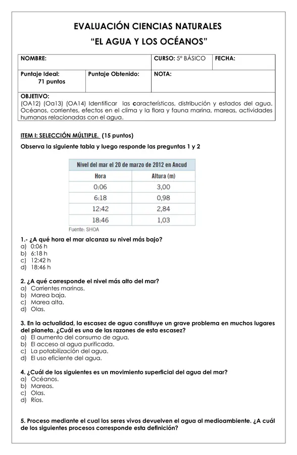 Prueba 5° ciencias - El agua y los oceános