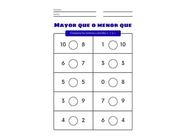 Guías Igualdad (mayor que, menor que) hasta el 20