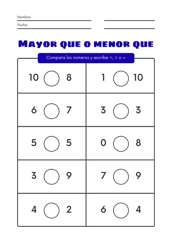 Guías Igualdad (mayor que, menor que) hasta el 20
