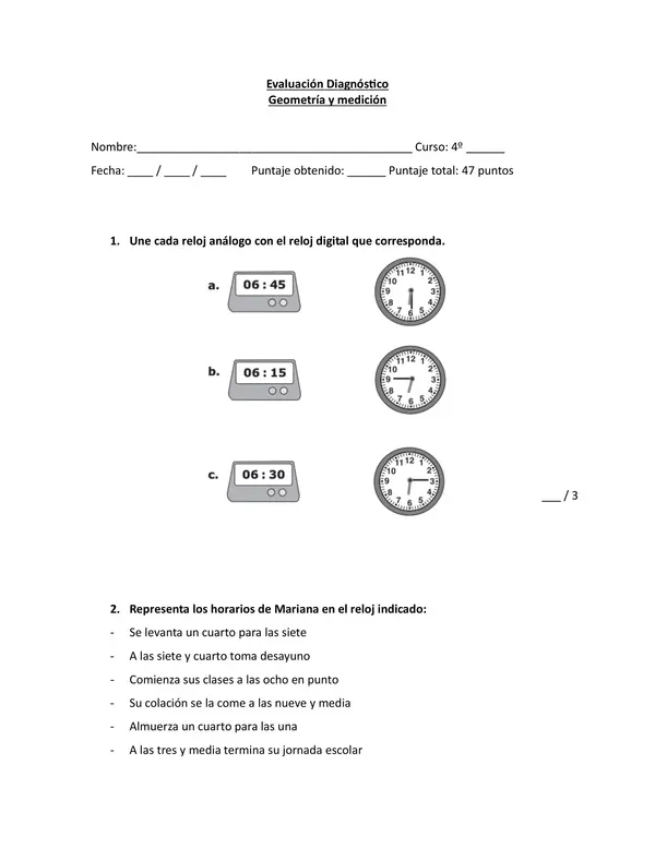 Evaluación diagnóstica 4º básico Eje Geometría y medición