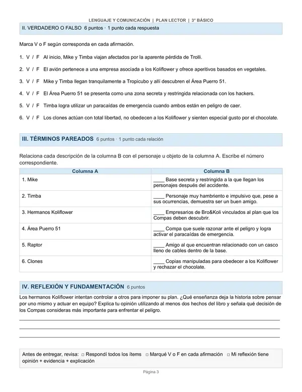 Evaluación Plan Lector + Pauta Docente | Los Compas vs. Hackers | 3° básico
