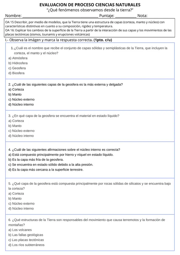 Evaluación Capas de la tierra