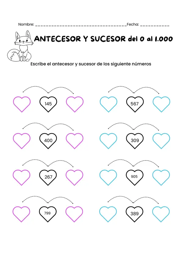 Guía ejercicios de antecesor y sucesor de los números 0 al 1.000 Matemática