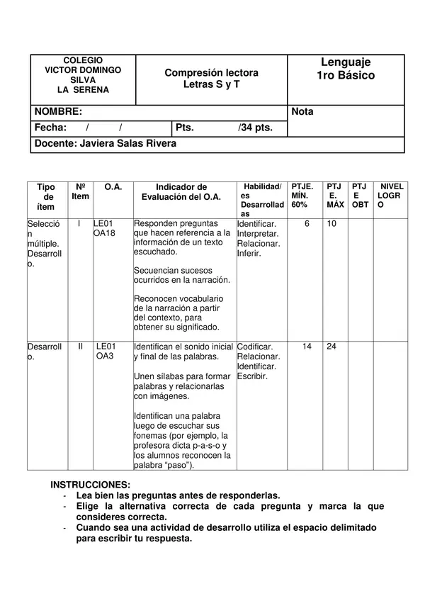 Evaluación Primero Básico Letras S y T.