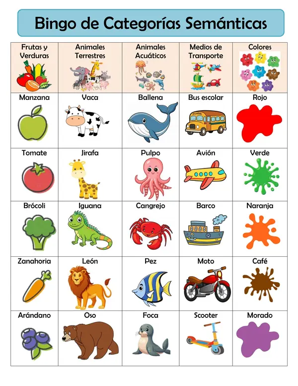 BINGO DE CATEGORÍAS SEMÁNTICAS