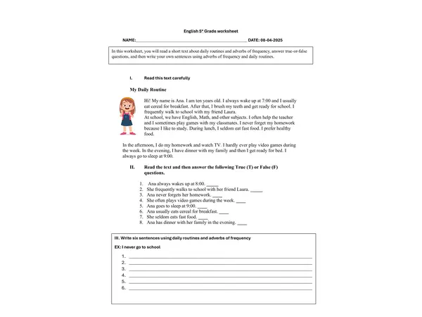 Worksheet daily routine