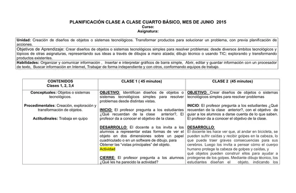 Planificación Clase a Clase: Junio | Tecnología Cuarto Básico