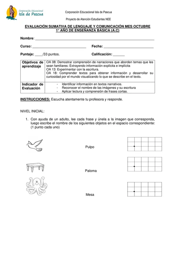 EVALUACIÓN SUMATIVA DE LENGUAJE Y COMUNICACIÓN 1°