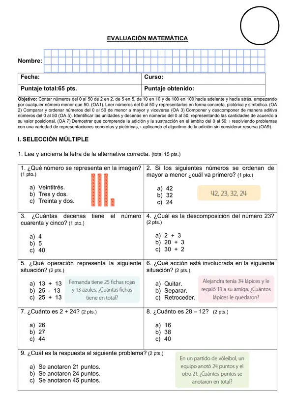 Evaluación números hasta el 50