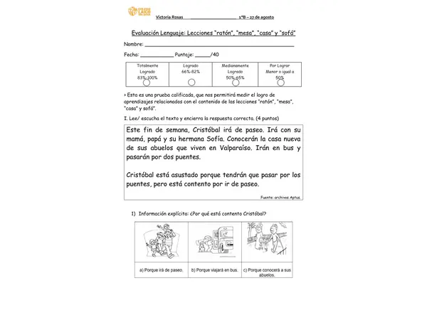 Prueba lección “ratón”, “mesa”, “gato” y "sofá” método Matte