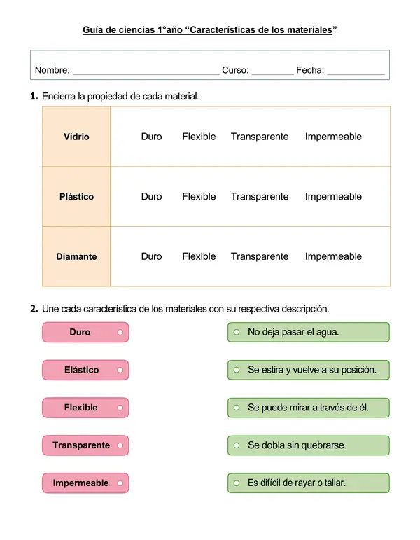 Guía de ciencias 1°año "Características de los materiales"