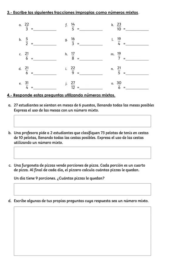 Guía de Matemática 6° Básico: Fracciones Impropias y Números Mixtos + Actividades con Recta Numérica