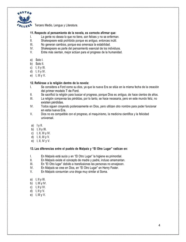 Prueba "Un mundo feliz" Aldous Huxley, tercero medio. 