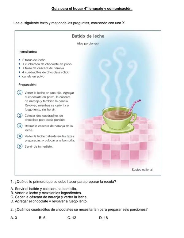 Guía "Receta: Batido de leche" 4° año