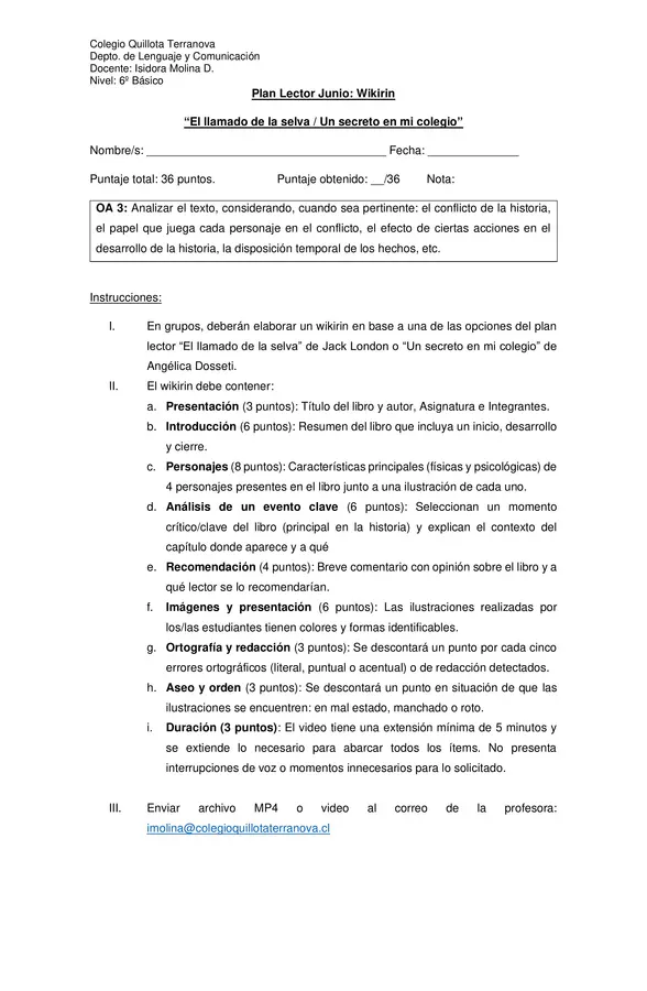 Evaluación Plan Lector "El llamado de la selva" y "Un secreto en mi colegio" = Wikirin