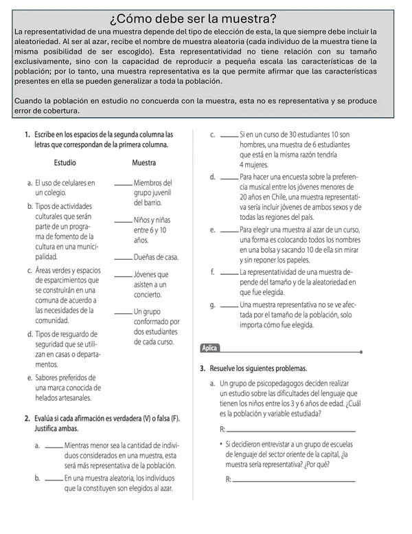 Guía Matemática 7° Básico | Estadística, Población, Muestra, Frecuencias y Gráficos