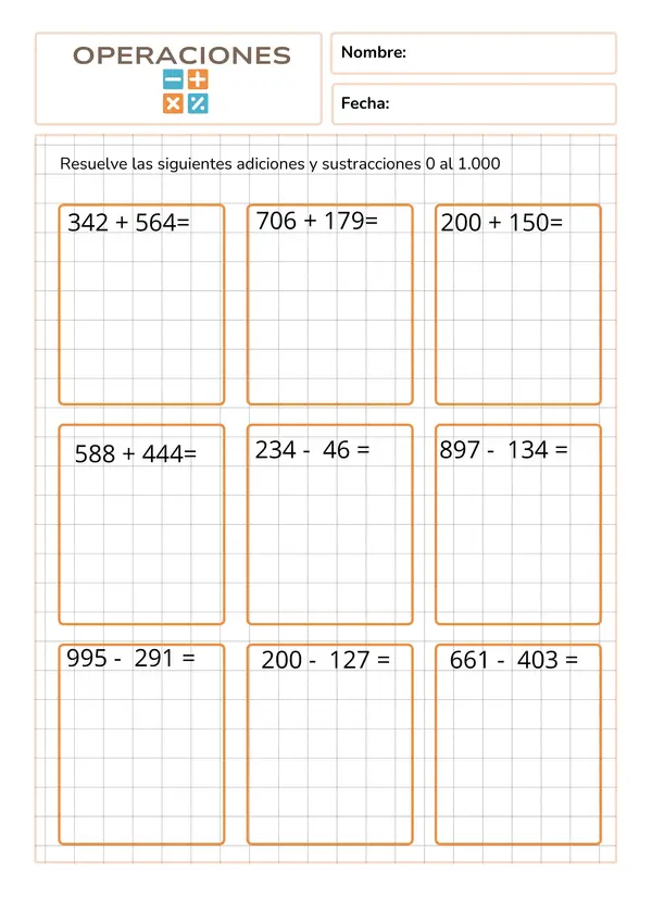 Guía de ejercicios de operaciones matemática del 0 al 1.000