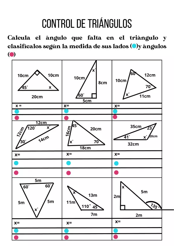 Guía control de suma de ángulos interiores de triángulos y su clasificación