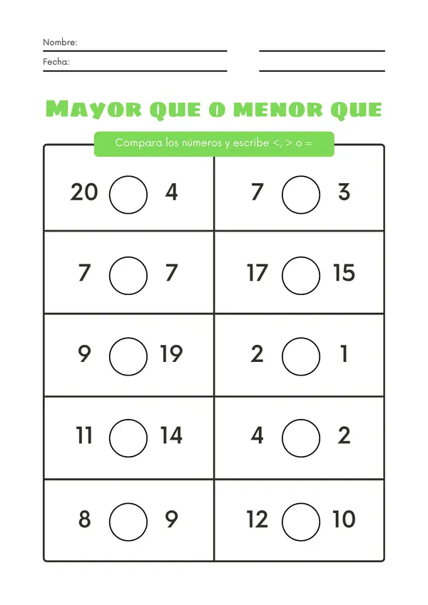 Guías Igualdad (mayor que, menor que) hasta el 20