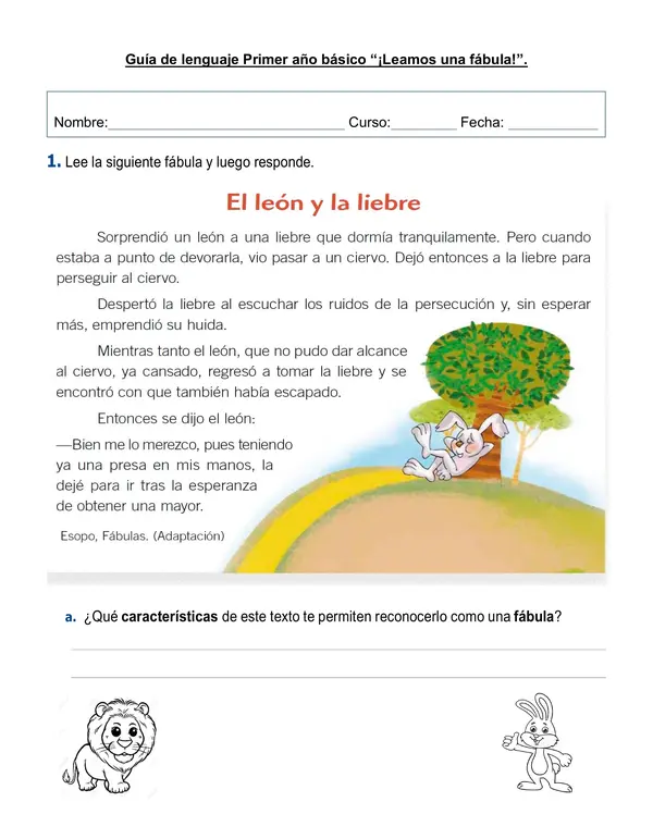 Guía 1°-2° año básico fábula "El león y la liebre".