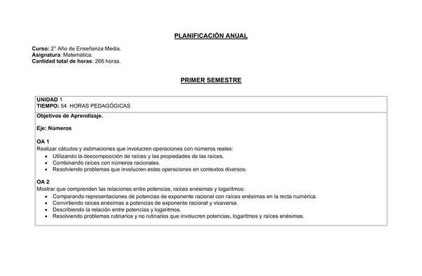 Planificacion anual Segundo medio, matematicas, 