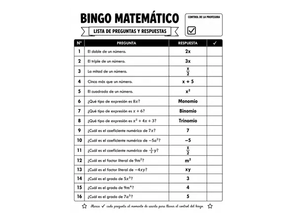 Bingo Matemático: Expresiones Algebraicas | Lenguaje Algebraico | 6º. 7.º 8.º Básico