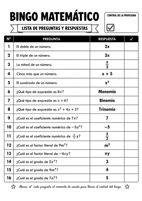 Bingo Matemático: Expresiones Algebraicas | Lenguaje Algebraico | 6º. 7.º 8.º Básico