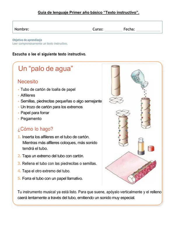 Guía de lenguaje 1°- 2°año "Texto instructivo: Palo de agua"