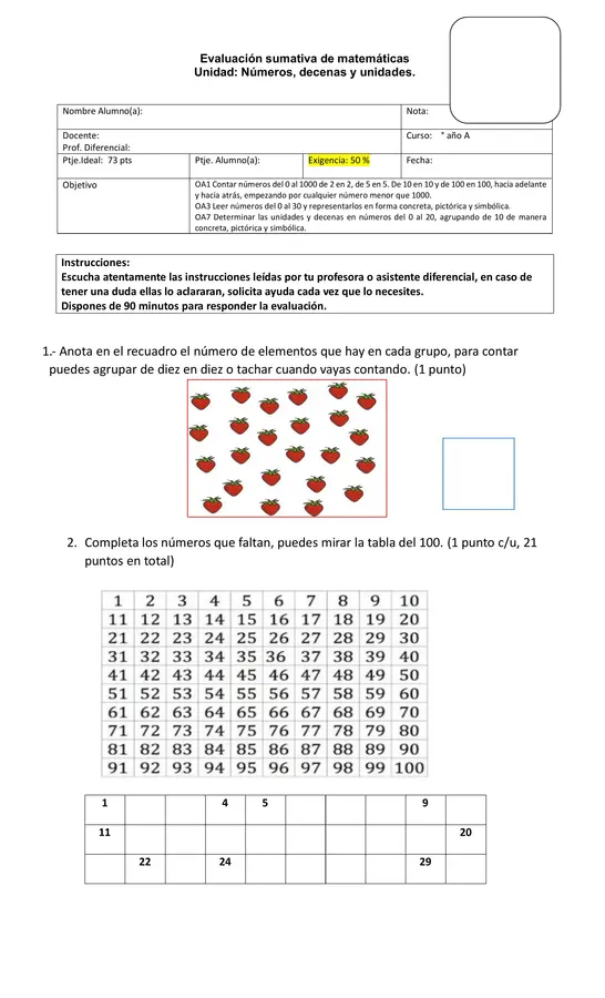 Evaluación de matemática. Segundo básico  