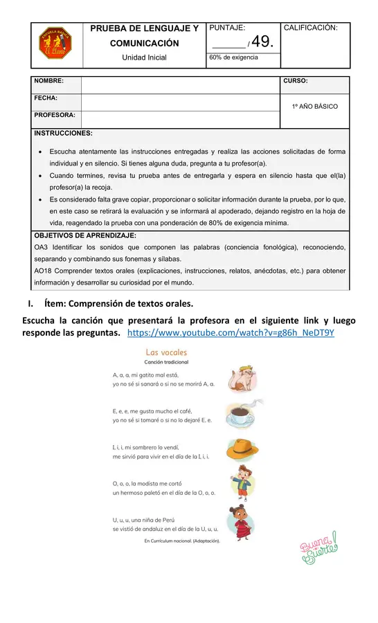 Prueba de Lenguaje "Vocales"