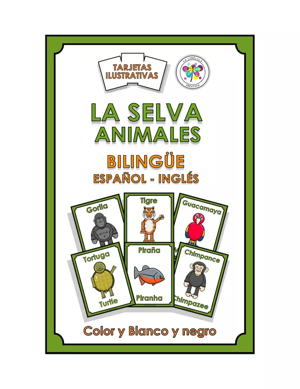 Tarjetas Ilustrativas Animales Selva Bilingues Español Ingles Recortar Color