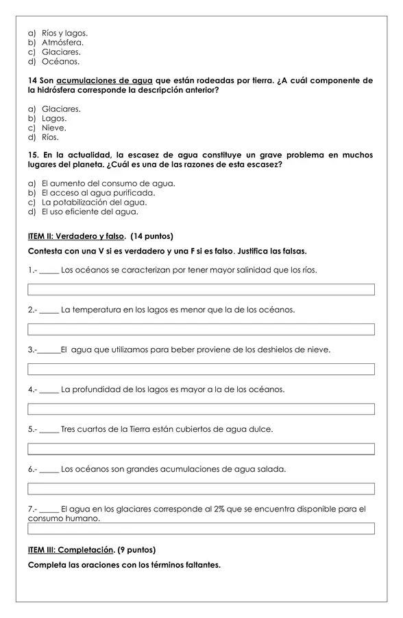 Prueba 5° ciencias - El agua y los oceános