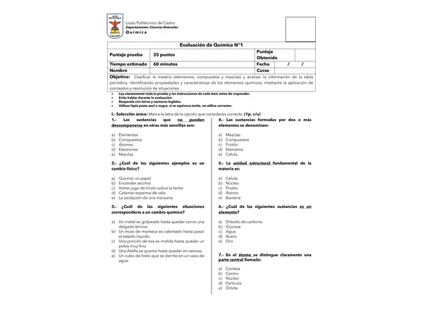 Prueba Clasificación de Materia, Átomos y Tabla Periódica